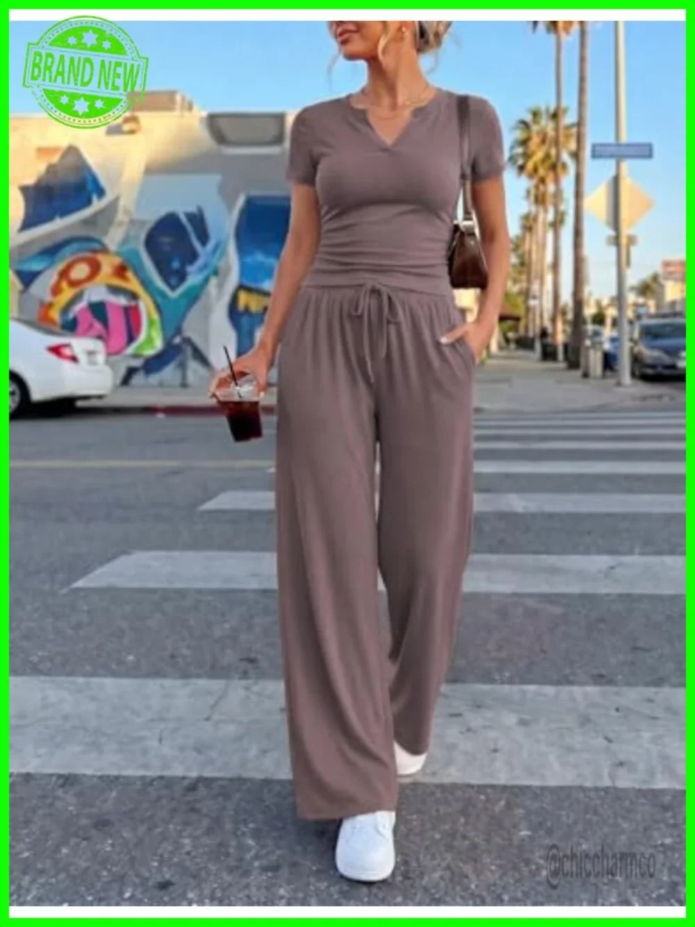 2 Piece Lounge Sets Women Summer Travel V Neck Top Wide Leg Pants